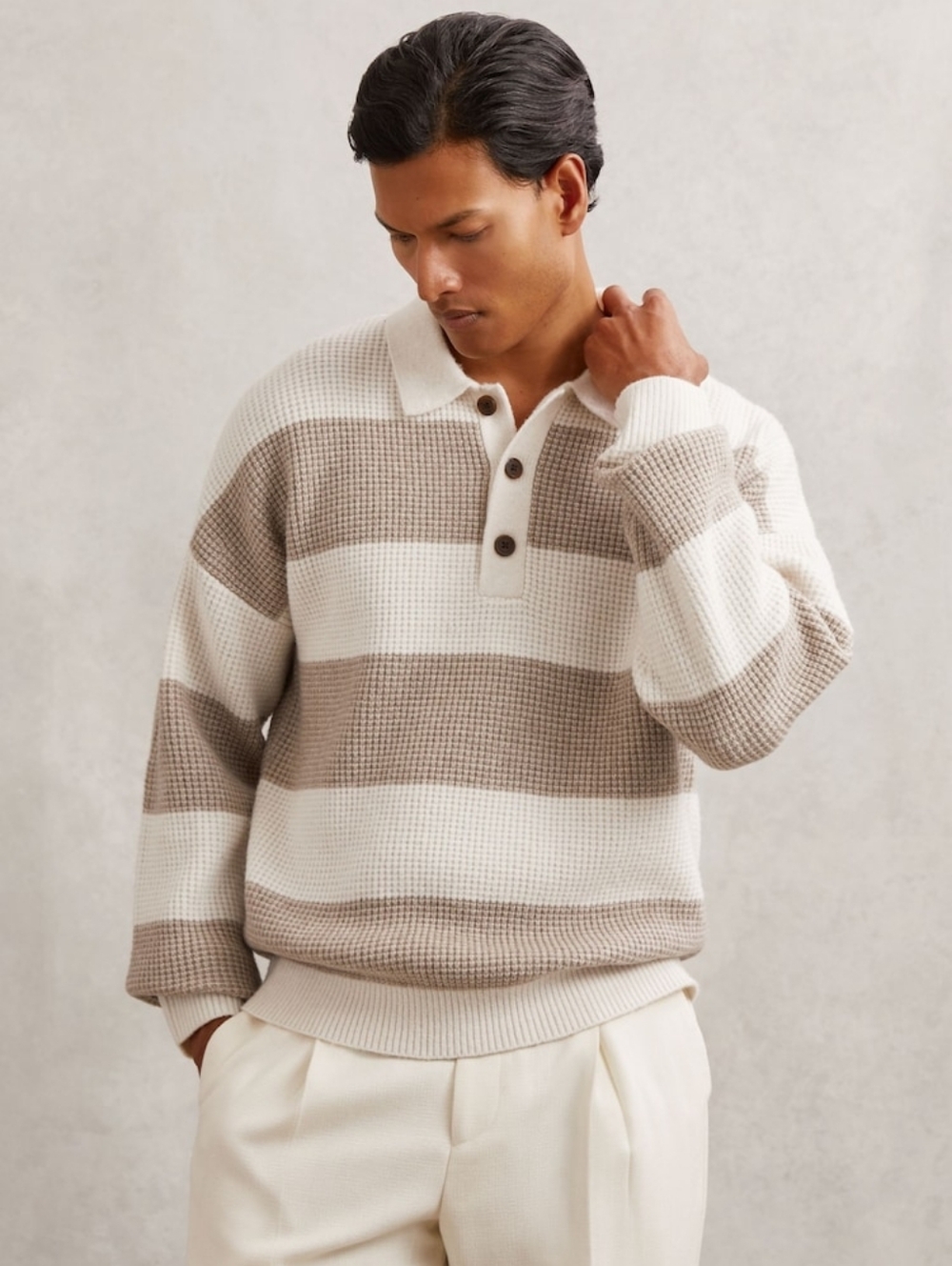 Reiss Men's XXL Waffle-Knit Stripe Half-Button Jumper with Wool Off White/Putty